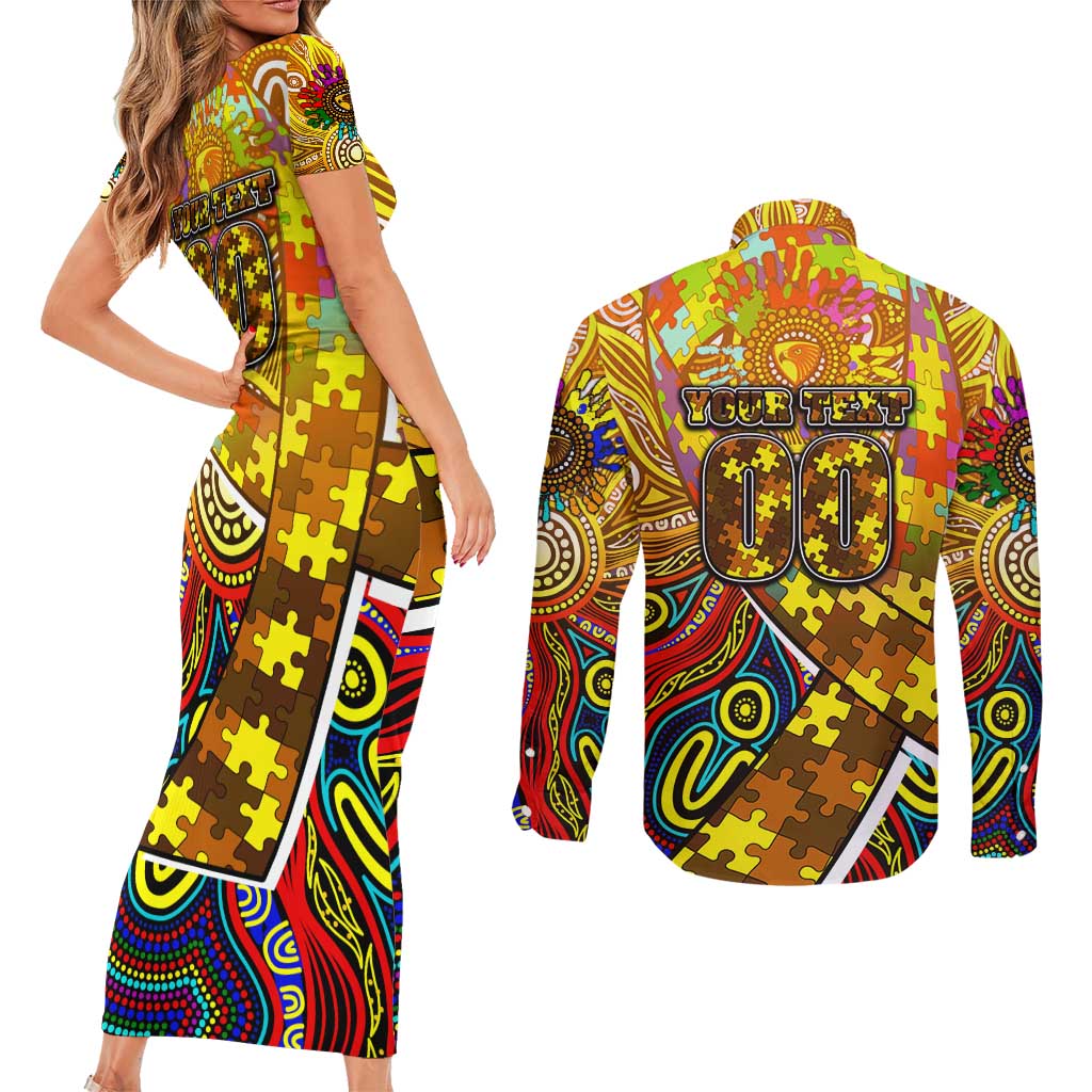 Autism Awareness Australia Hawthorn Hawks Couples Matching Short Sleeve Bodycon Dress and Long Sleeve Button Shirt Aboriginal Indigenous Art
