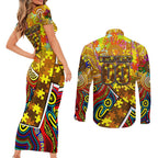 Autism Awareness Australia Hawthorn Hawks Couples Matching Short Sleeve Bodycon Dress and Long Sleeve Button Shirt Aboriginal Indigenous Art