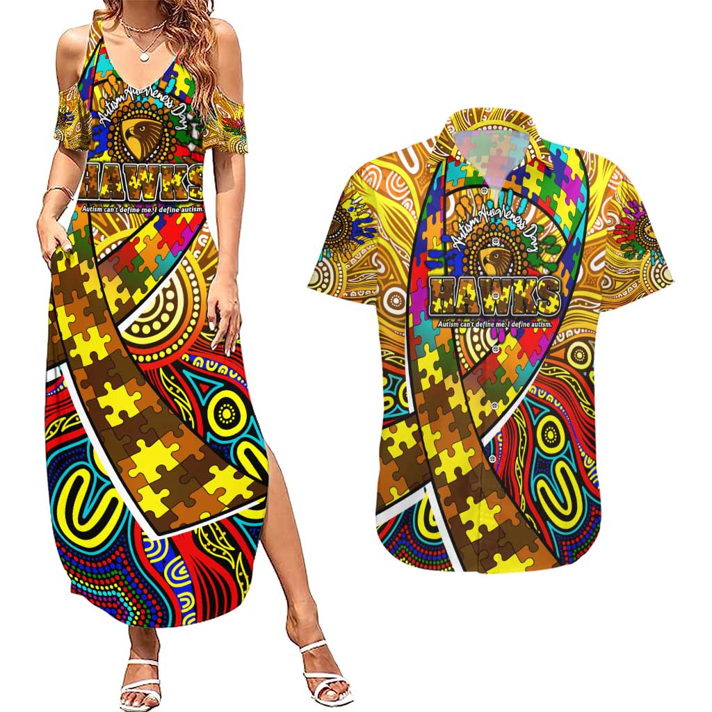 Autism Awareness Australia Hawthorn Hawks Couples Matching Summer Maxi Dress and Hawaiian Shirt Aboriginal Indigenous Art