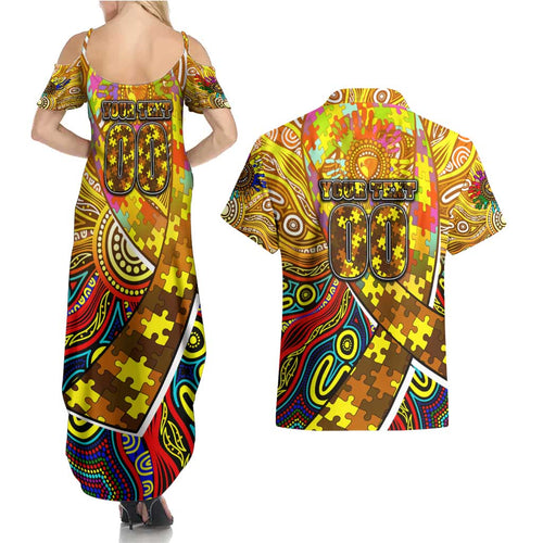 Autism Awareness Australia Hawthorn Hawks Couples Matching Summer Maxi Dress and Hawaiian Shirt Aboriginal Indigenous Art