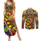Autism Awareness Australia Hawthorn Hawks Couples Matching Summer Maxi Dress and Long Sleeve Button Shirt Aboriginal Indigenous Art