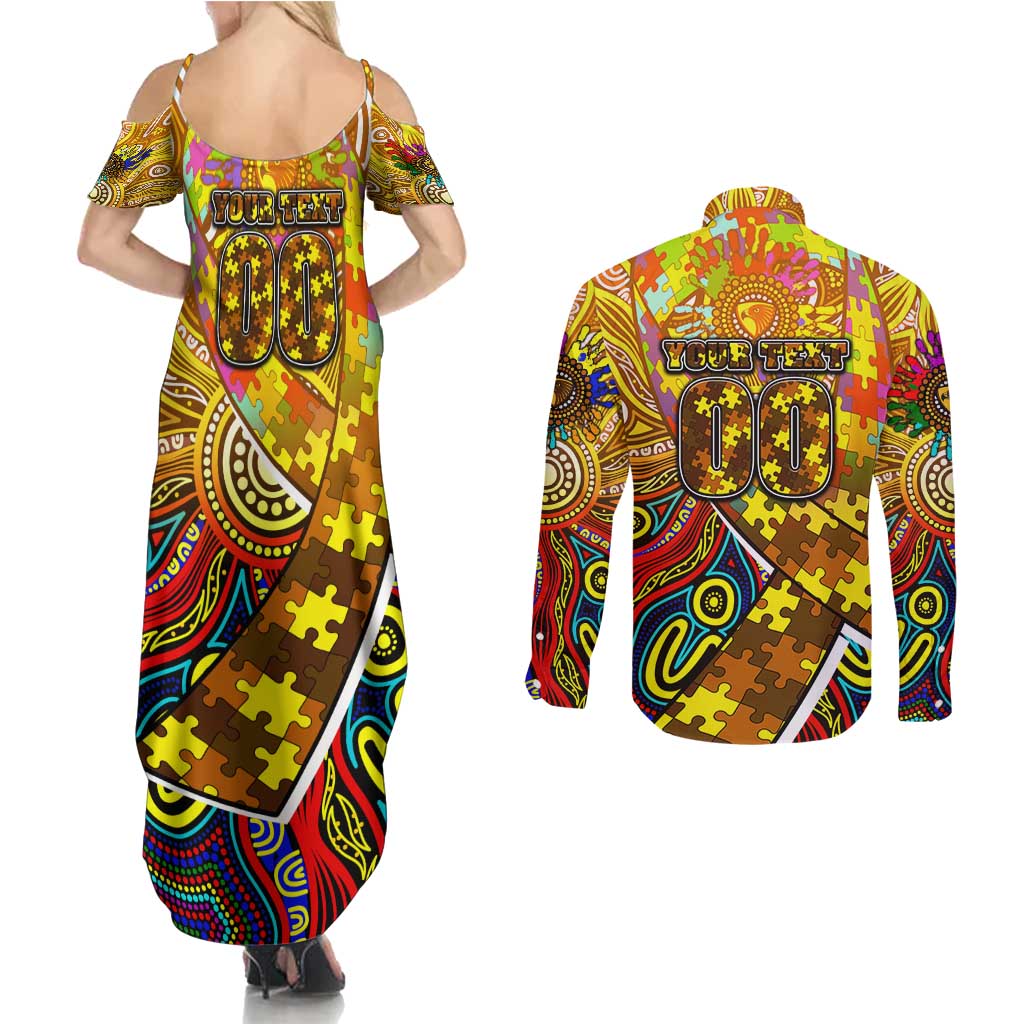 Autism Awareness Australia Hawthorn Hawks Couples Matching Summer Maxi Dress and Long Sleeve Button Shirt Aboriginal Indigenous Art