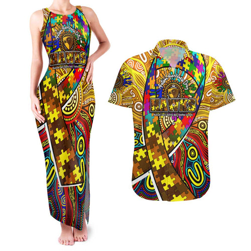 Autism Awareness Australia Hawthorn Hawks Couples Matching Tank Maxi Dress and Hawaiian Shirt Aboriginal Indigenous Art