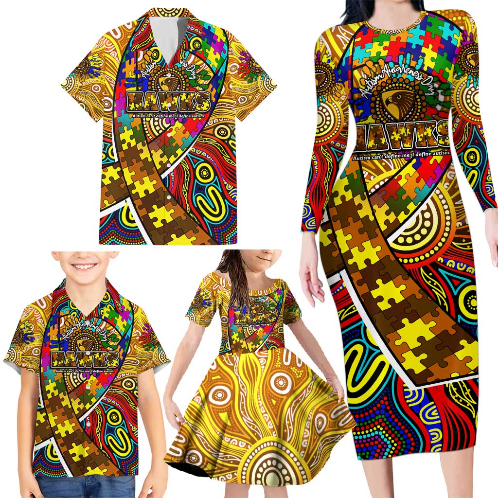 Autism Awareness Australia Hawthorn Hawks Family Matching Long Sleeve Bodycon Dress and Hawaiian Shirt Aboriginal Indigenous Art