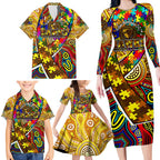 Autism Awareness Australia Hawthorn Hawks Family Matching Long Sleeve Bodycon Dress and Hawaiian Shirt Aboriginal Indigenous Art