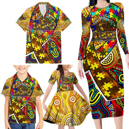Autism Awareness Australia Hawthorn Hawks Family Matching Long Sleeve Bodycon Dress and Hawaiian Shirt Aboriginal Indigenous Art