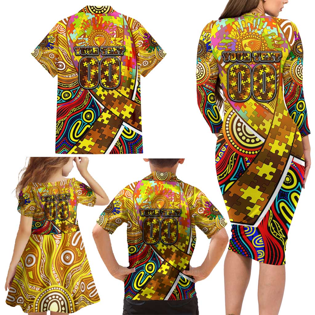 Autism Awareness Australia Hawthorn Hawks Family Matching Long Sleeve Bodycon Dress and Hawaiian Shirt Aboriginal Indigenous Art