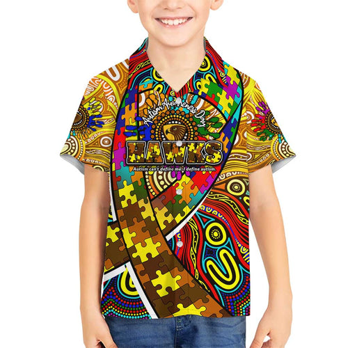 Autism Awareness Australia Hawthorn Hawks Family Matching Long Sleeve Bodycon Dress and Hawaiian Shirt Aboriginal Indigenous Art
