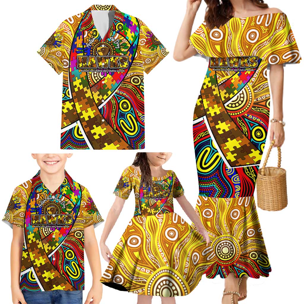 Autism Awareness Australia Hawthorn Hawks Family Matching Mermaid Dress and Hawaiian Shirt Aboriginal Indigenous Art
