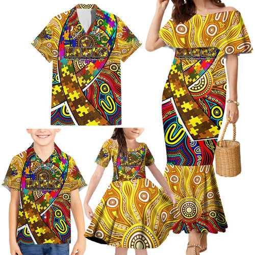 Autism Awareness Australia Hawthorn Hawks Family Matching Mermaid Dress and Hawaiian Shirt Aboriginal Indigenous Art