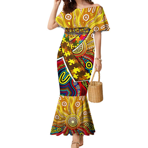 Autism Awareness Australia Hawthorn Hawks Family Matching Mermaid Dress and Hawaiian Shirt Aboriginal Indigenous Art