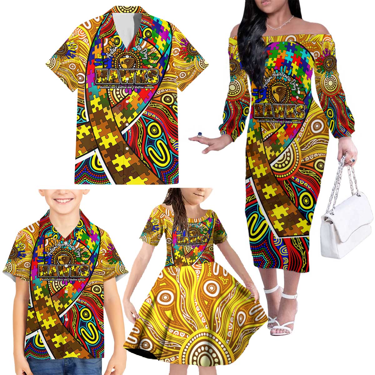 Autism Awareness Australia Hawthorn Hawks Family Matching Off The Shoulder Long Sleeve Dress and Hawaiian Shirt Aboriginal Indigenous Art