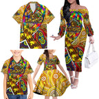 Autism Awareness Australia Hawthorn Hawks Family Matching Off The Shoulder Long Sleeve Dress and Hawaiian Shirt Aboriginal Indigenous Art