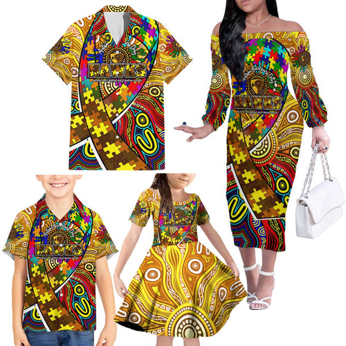 Autism Awareness Australia Hawthorn Hawks Family Matching Off The Shoulder Long Sleeve Dress and Hawaiian Shirt Aboriginal Indigenous Art