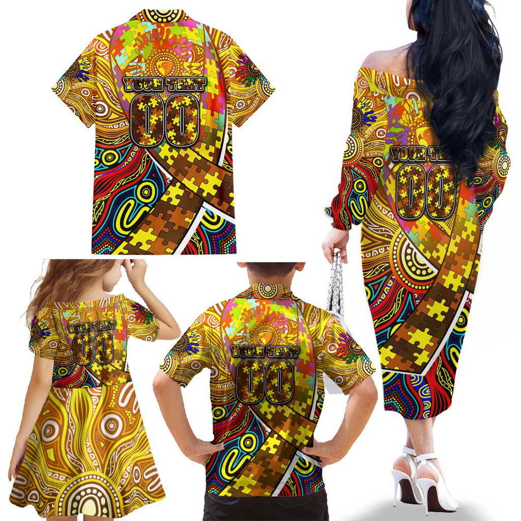 Autism Awareness Australia Hawthorn Hawks Family Matching Off The Shoulder Long Sleeve Dress and Hawaiian Shirt Aboriginal Indigenous Art
