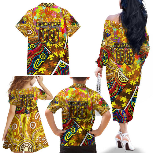 Autism Awareness Australia Hawthorn Hawks Family Matching Off The Shoulder Long Sleeve Dress and Hawaiian Shirt Aboriginal Indigenous Art