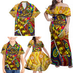 Autism Awareness Australia Hawthorn Hawks Family Matching Off Shoulder Maxi Dress and Hawaiian Shirt Aboriginal Indigenous Art