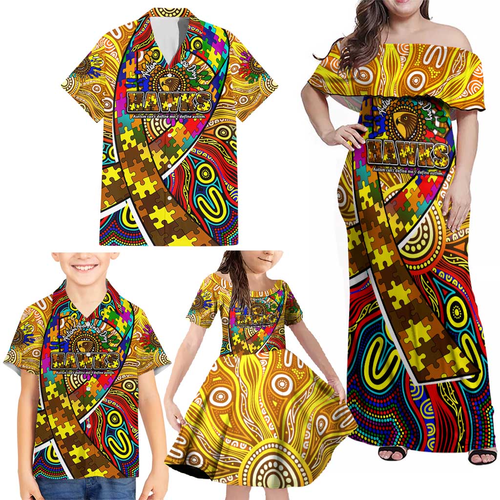 Autism Awareness Australia Hawthorn Hawks Family Matching Off Shoulder Maxi Dress and Hawaiian Shirt Aboriginal Indigenous Art