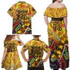 Autism Awareness Australia Hawthorn Hawks Family Matching Off Shoulder Maxi Dress and Hawaiian Shirt Aboriginal Indigenous Art