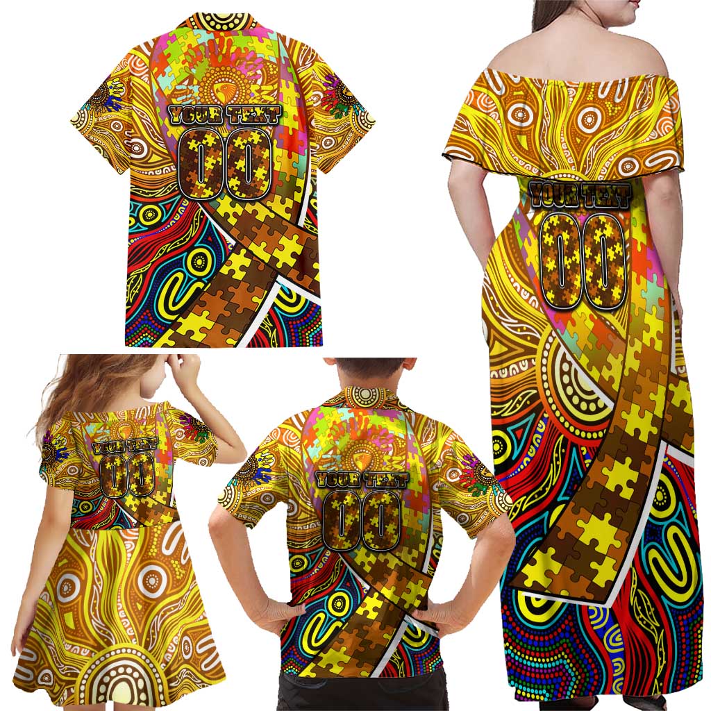Autism Awareness Australia Hawthorn Hawks Family Matching Off Shoulder Maxi Dress and Hawaiian Shirt Aboriginal Indigenous Art
