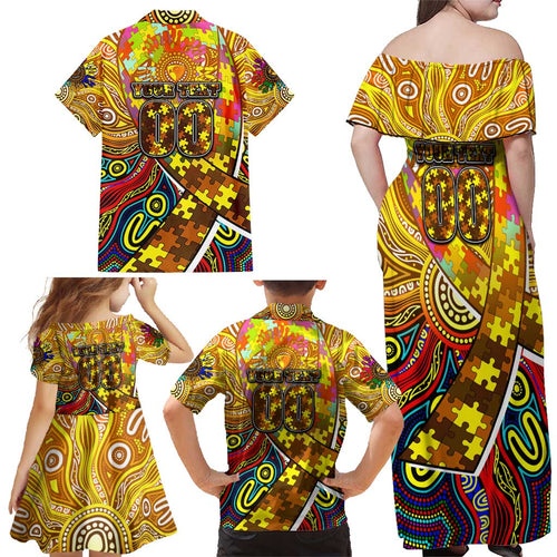 Autism Awareness Australia Hawthorn Hawks Family Matching Off Shoulder Maxi Dress and Hawaiian Shirt Aboriginal Indigenous Art