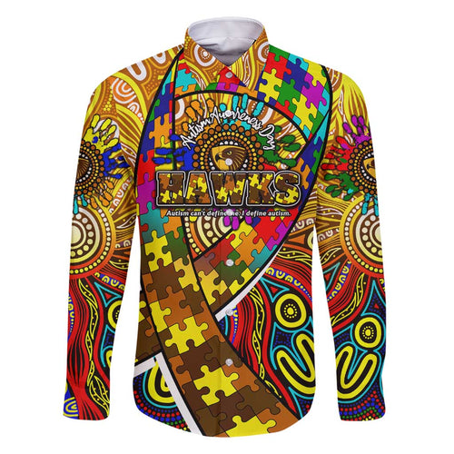 Autism Awareness Australia Hawthorn Hawks Family Matching Off Shoulder Maxi Dress and Hawaiian Shirt Aboriginal Indigenous Art