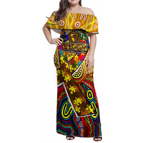 Autism Awareness Australia Hawthorn Hawks Family Matching Off Shoulder Maxi Dress and Hawaiian Shirt Aboriginal Indigenous Art