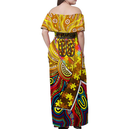 Autism Awareness Australia Hawthorn Hawks Family Matching Off Shoulder Maxi Dress and Hawaiian Shirt Aboriginal Indigenous Art