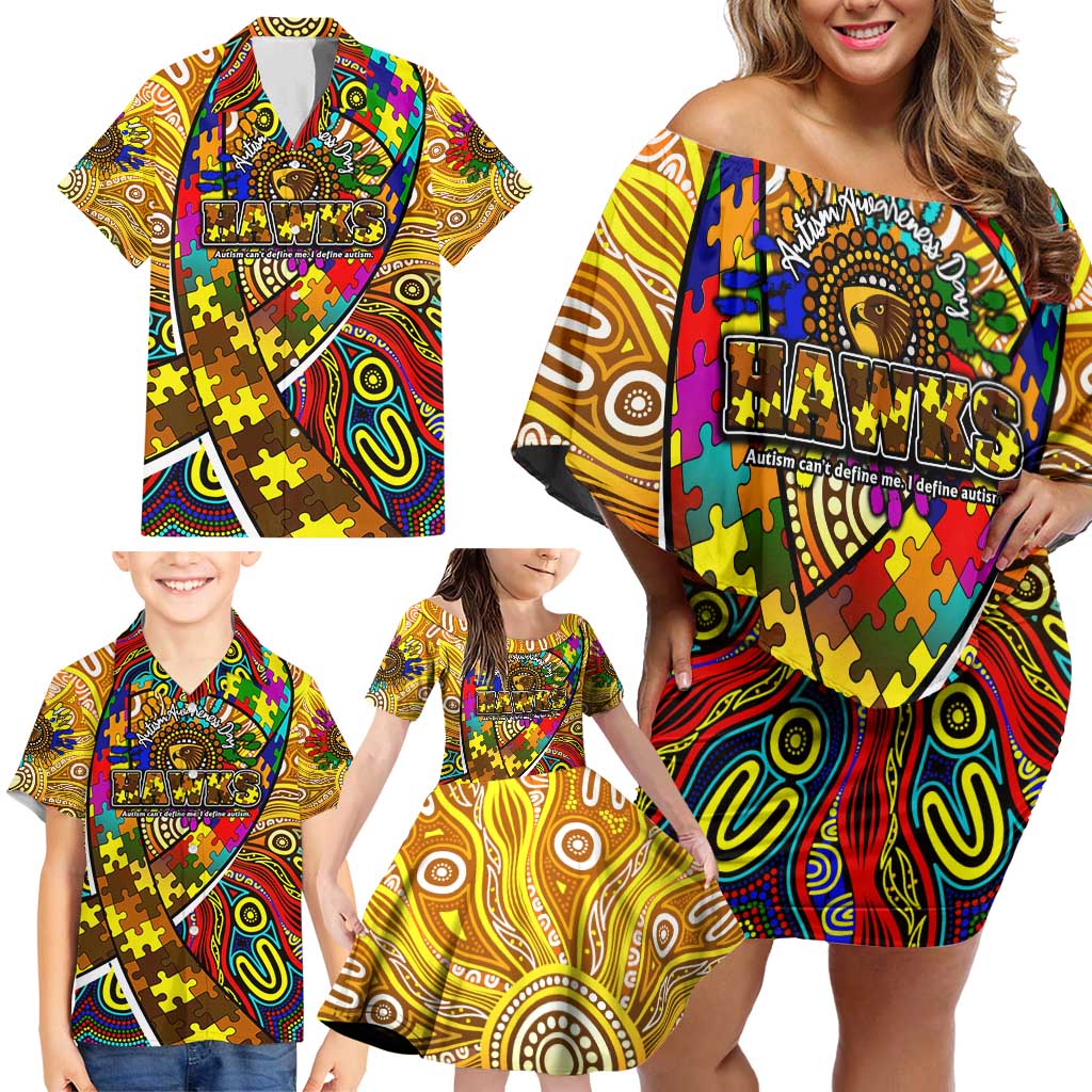 Autism Awareness Australia Hawthorn Hawks Family Matching Off Shoulder Short Dress and Hawaiian Shirt Aboriginal Indigenous Art