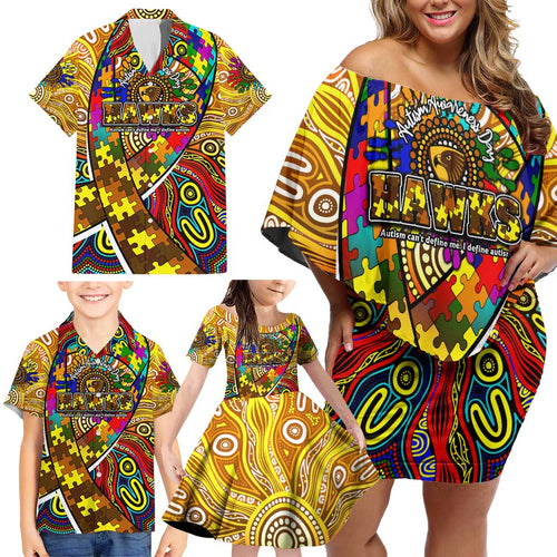 Autism Awareness Australia Hawthorn Hawks Family Matching Off Shoulder Short Dress and Hawaiian Shirt Aboriginal Indigenous Art