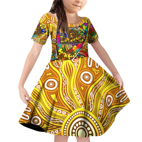 Autism Awareness Australia Hawthorn Hawks Family Matching Off Shoulder Short Dress and Hawaiian Shirt Aboriginal Indigenous Art