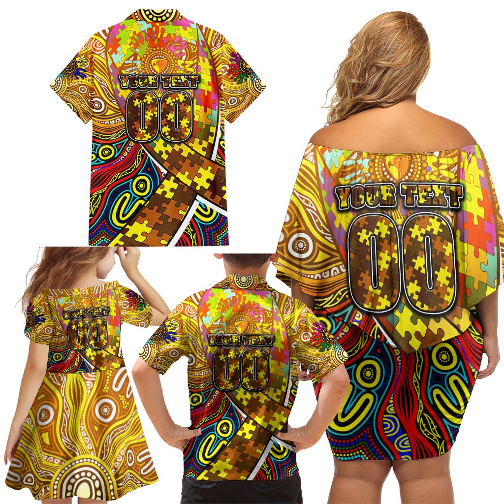 Autism Awareness Australia Hawthorn Hawks Family Matching Off Shoulder Short Dress and Hawaiian Shirt Aboriginal Indigenous Art