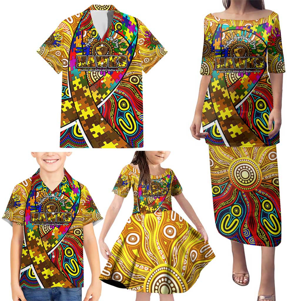 Autism Awareness Australia Hawthorn Hawks Family Matching Puletasi and Hawaiian Shirt Aboriginal Indigenous Art