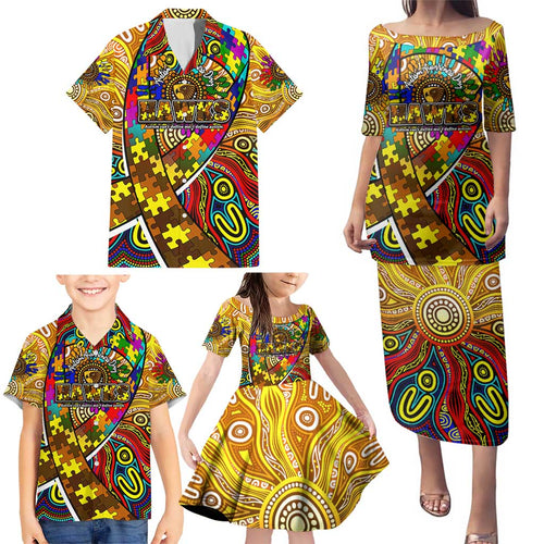 Autism Awareness Australia Hawthorn Hawks Family Matching Puletasi and Hawaiian Shirt Aboriginal Indigenous Art