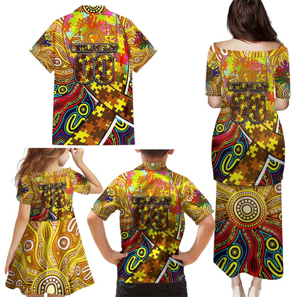 Autism Awareness Australia Hawthorn Hawks Family Matching Puletasi and Hawaiian Shirt Aboriginal Indigenous Art