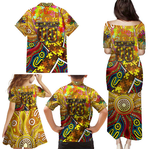 Autism Awareness Australia Hawthorn Hawks Family Matching Puletasi and Hawaiian Shirt Aboriginal Indigenous Art
