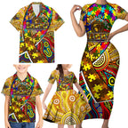 Autism Awareness Australia Hawthorn Hawks Family Matching Short Sleeve Bodycon Dress and Hawaiian Shirt Aboriginal Indigenous Art