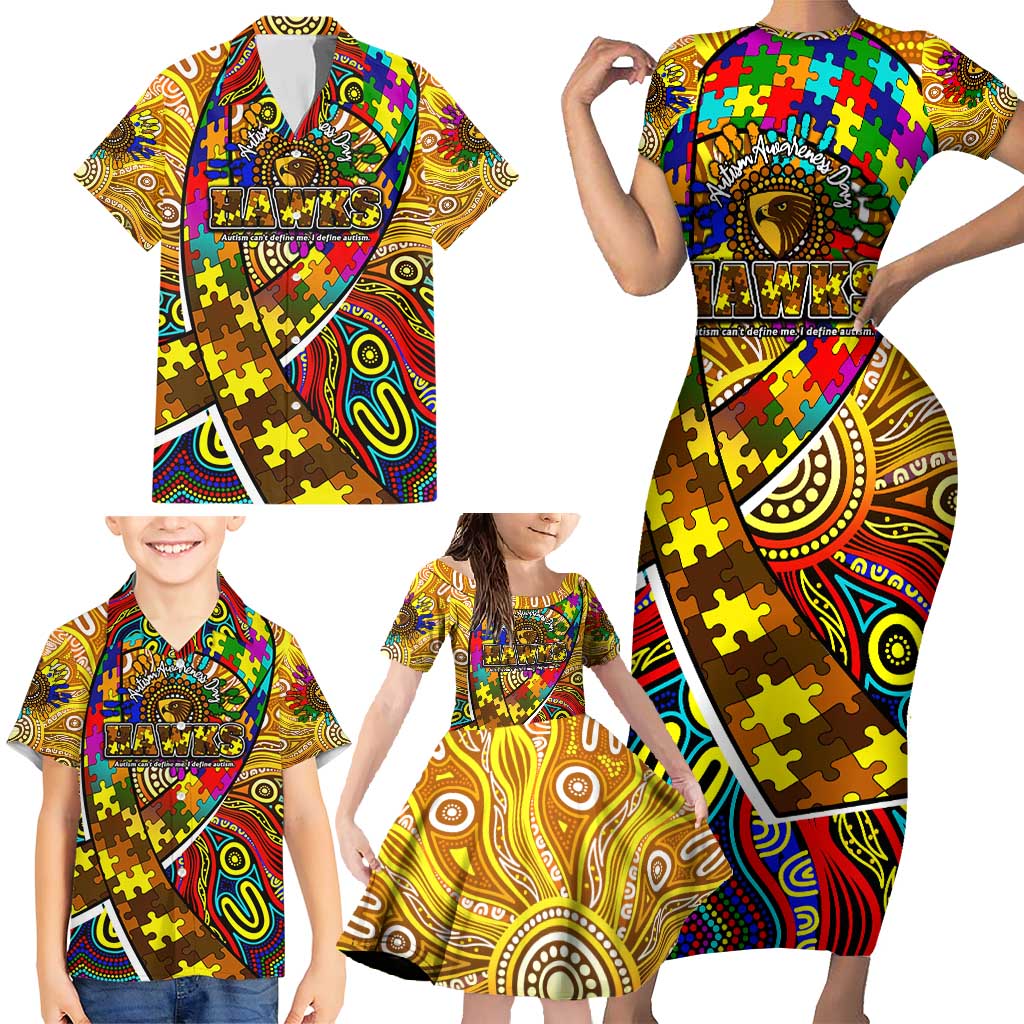 Autism Awareness Australia Hawthorn Hawks Family Matching Short Sleeve Bodycon Dress and Hawaiian Shirt Aboriginal Indigenous Art