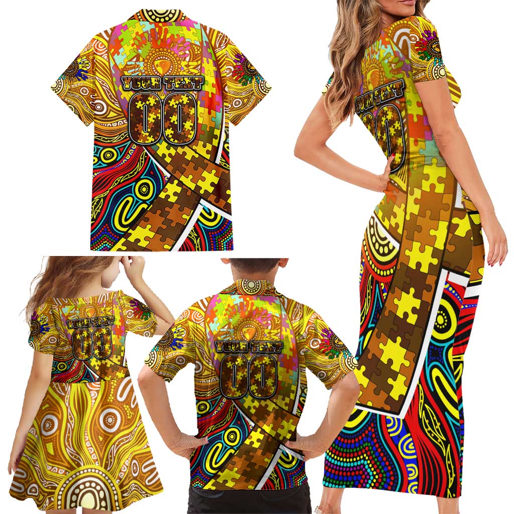Autism Awareness Australia Hawthorn Hawks Family Matching Short Sleeve Bodycon Dress and Hawaiian Shirt Aboriginal Indigenous Art