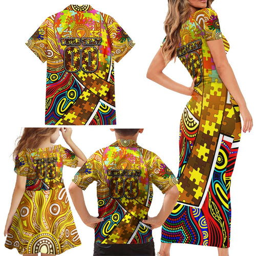 Autism Awareness Australia Hawthorn Hawks Family Matching Short Sleeve Bodycon Dress and Hawaiian Shirt Aboriginal Indigenous Art