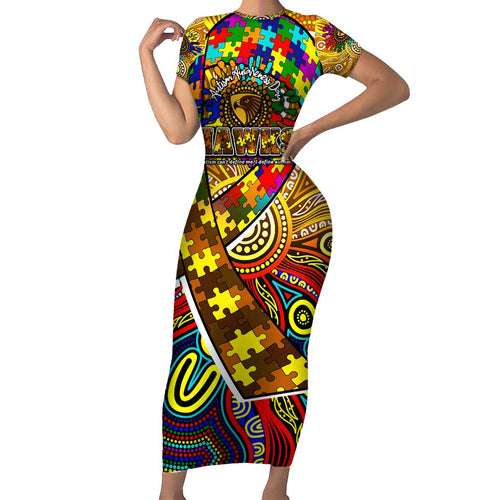 Autism Awareness Australia Hawthorn Hawks Family Matching Short Sleeve Bodycon Dress and Hawaiian Shirt Aboriginal Indigenous Art