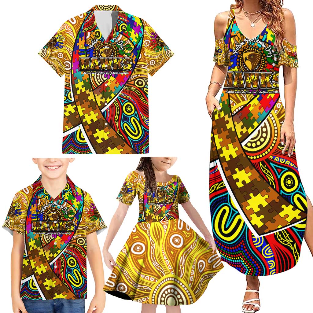 Autism Awareness Australia Hawthorn Hawks Family Matching Summer Maxi Dress and Hawaiian Shirt Aboriginal Indigenous Art