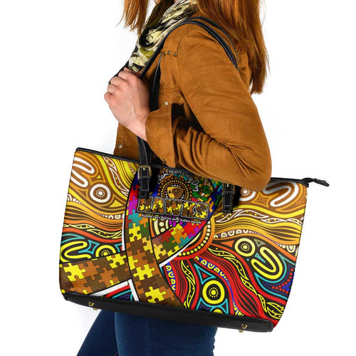 Autism Awareness Australia Hawthorn Hawks Leather Tote Bag Aboriginal Indigenous Art