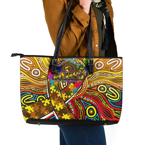 Autism Awareness Australia Hawthorn Hawks Leather Tote Bag Aboriginal Indigenous Art