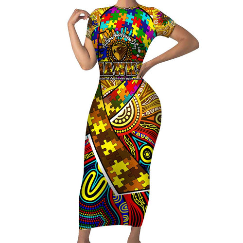 Autism Awareness Australia Hawthorn Hawks Short Sleeve Bodycon Dress Aboriginal Indigenous Art