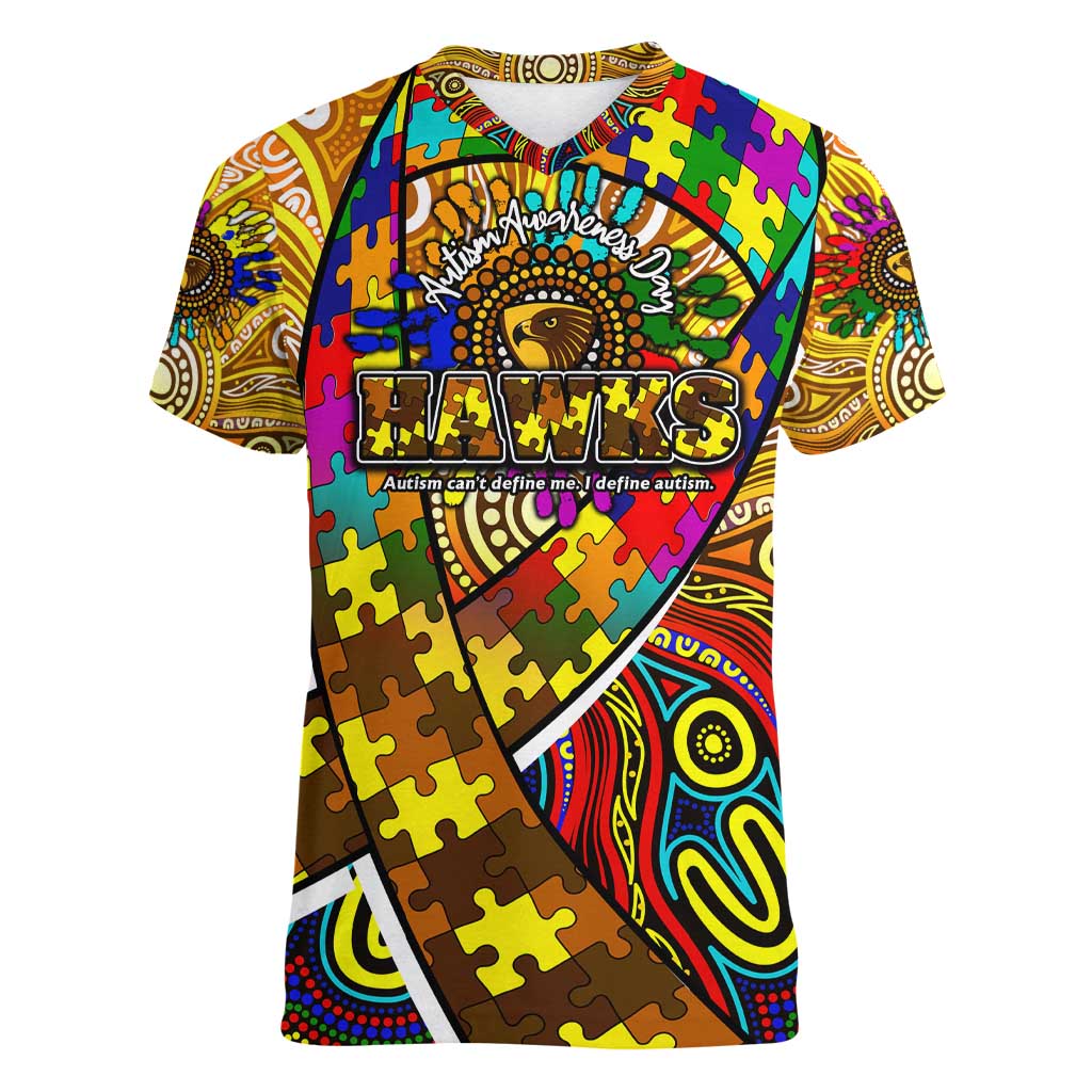 Autism Awareness Australia Hawthorn Hawks Women V-Neck T-Shirt Aboriginal Indigenous Art