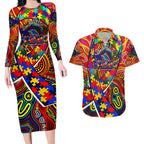 Autism Awareness Australia Adelaide Crows Couples Matching Long Sleeve Bodycon Dress and Hawaiian Shirt Aboriginal Indigenous Art