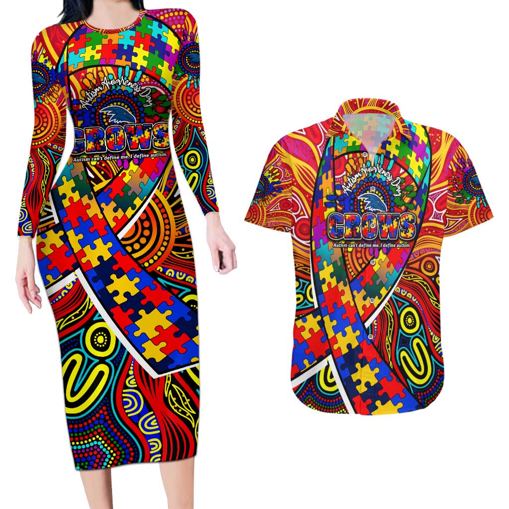 Autism Awareness Australia Adelaide Crows Couples Matching Long Sleeve Bodycon Dress and Hawaiian Shirt Aboriginal Indigenous Art