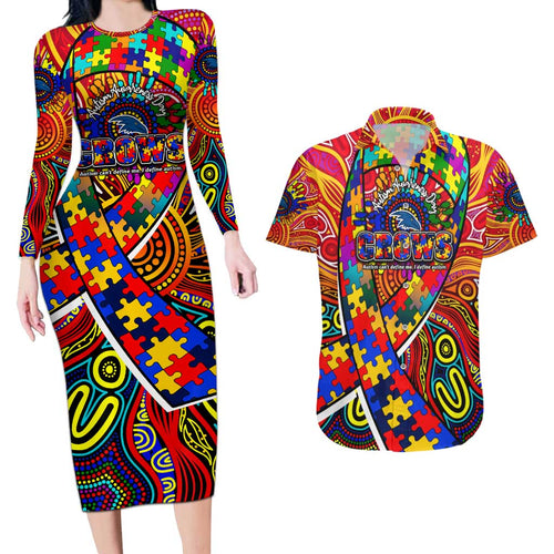 Autism Awareness Australia Adelaide Crows Couples Matching Long Sleeve Bodycon Dress and Hawaiian Shirt Aboriginal Indigenous Art