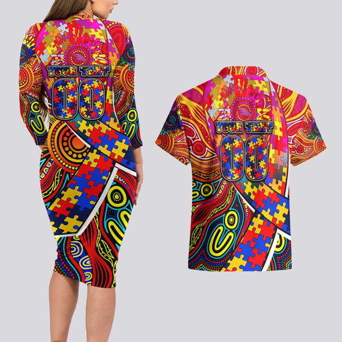 Autism Awareness Australia Adelaide Crows Couples Matching Long Sleeve Bodycon Dress and Hawaiian Shirt Aboriginal Indigenous Art